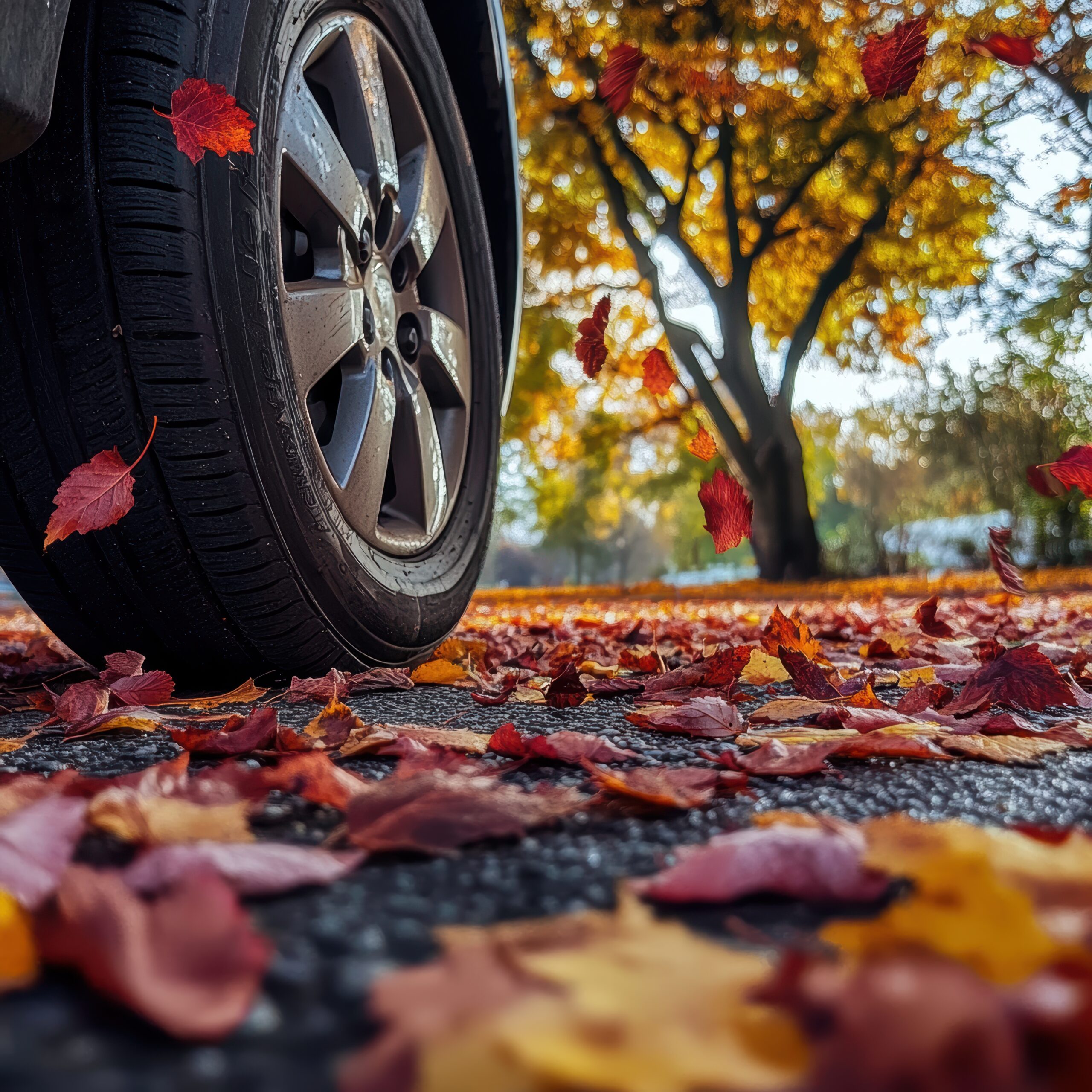 Closeup of a vehicle wheel driving on a road covered in red, yellow, and orange fall leaves.