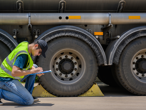 A fleet worker in a green reflective vest with a clipboard knelt down in front of the wheels of a large truck.
