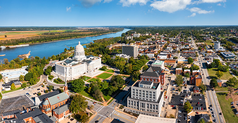 An aerial view of Jefferson City, Missouri, on a sunny day.