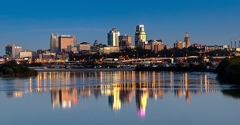 City skyline of Kansas City, Missouri at sunset, taken from across the river.
