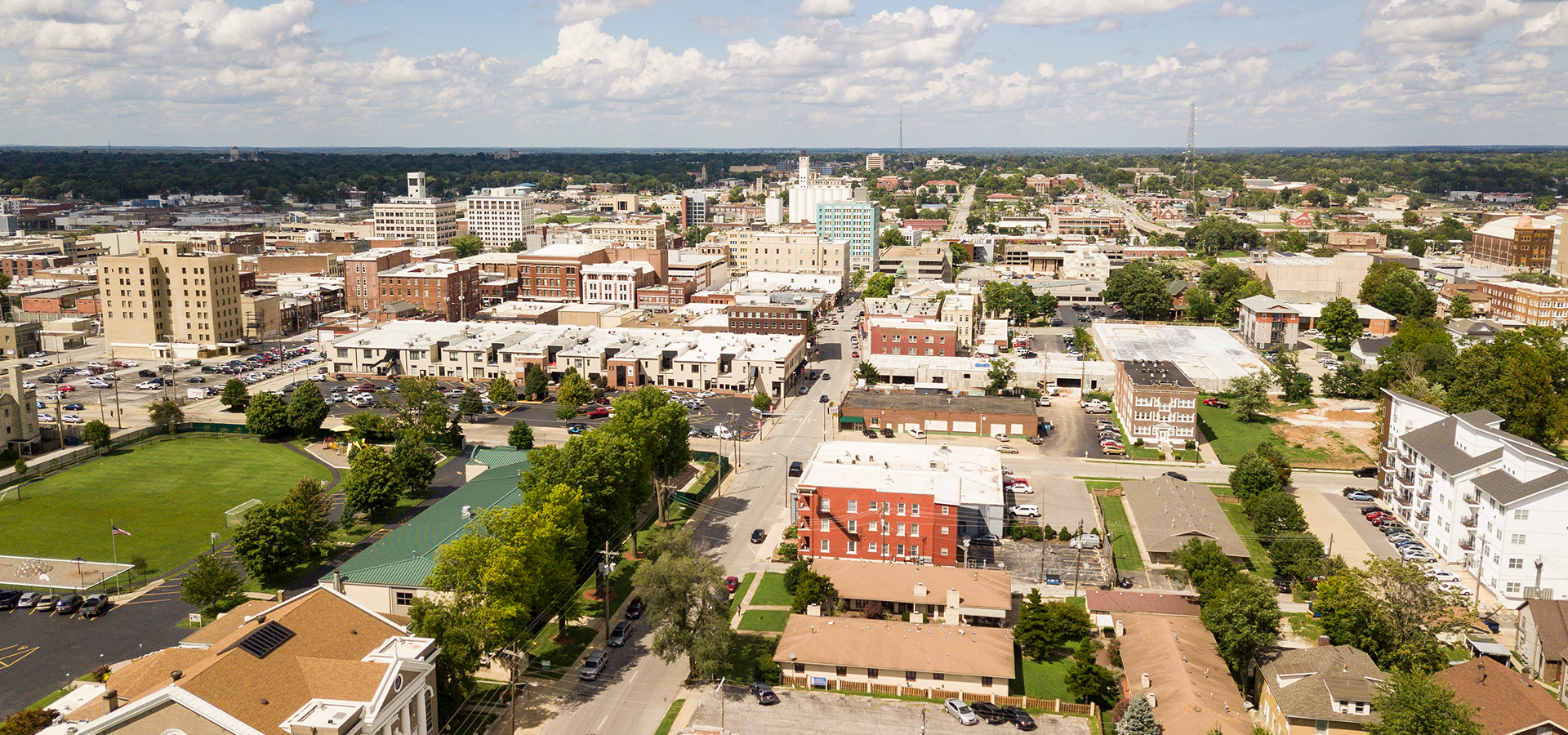 An aerial view of Springfield, Missouri, taken on a sunny day.